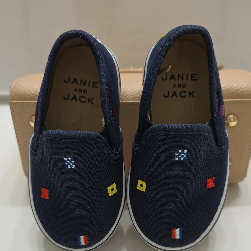 Janie and Jack Navy Slip-On Sneakers with Multicolor Embroidery